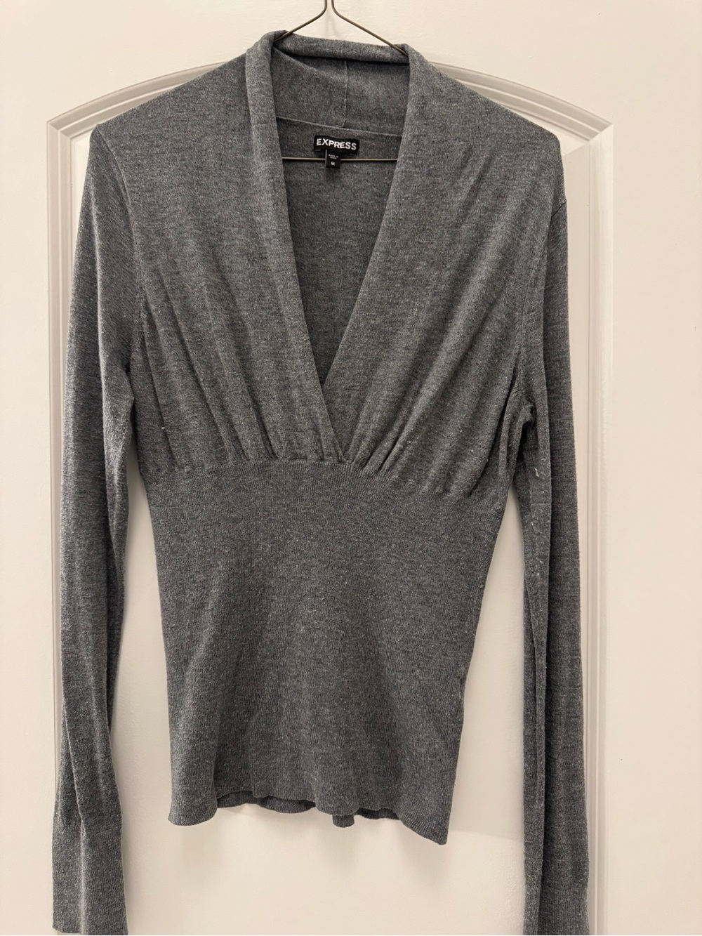 Express Women's Gray Deep V-Neck Long Sleeve Top
